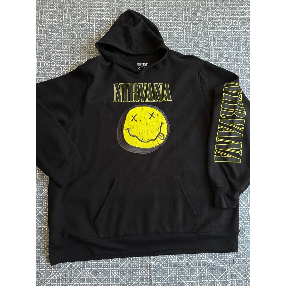 Nirvana Hoodie Mens 3XL Black Excellent Smiley Face Graphic Embroidered Sleeve